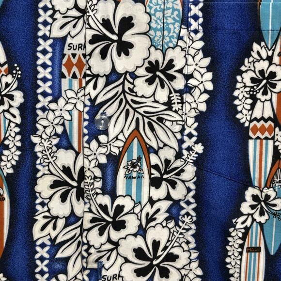 VTG Pali Collection Hawaiiian Shirt Men’s Large Blue Surfboard Lei Hibiscus Rare - Picture 5 of 7